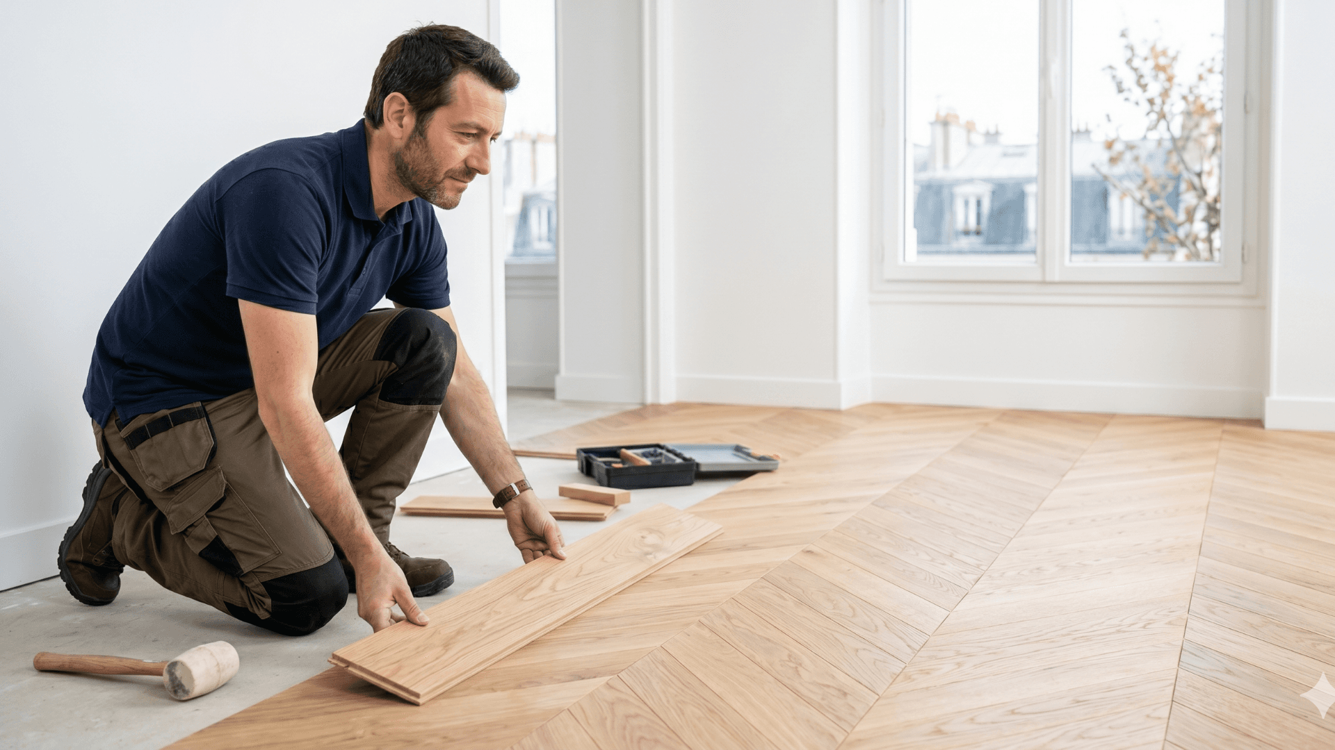 Artisan MBCH en train de poser du parquet
