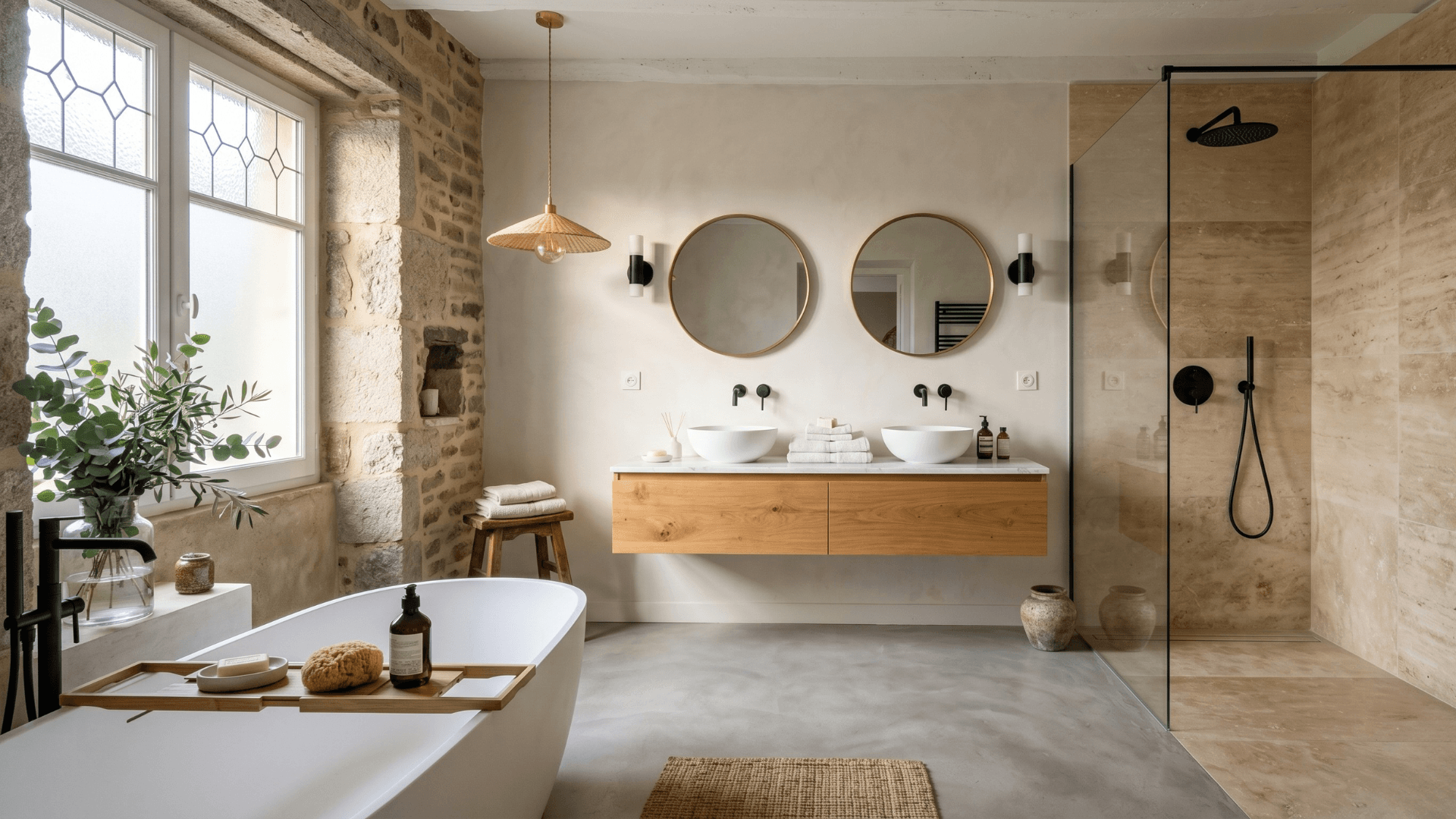 Salle de bain rénovée avec douche italienne et carrelage grand format