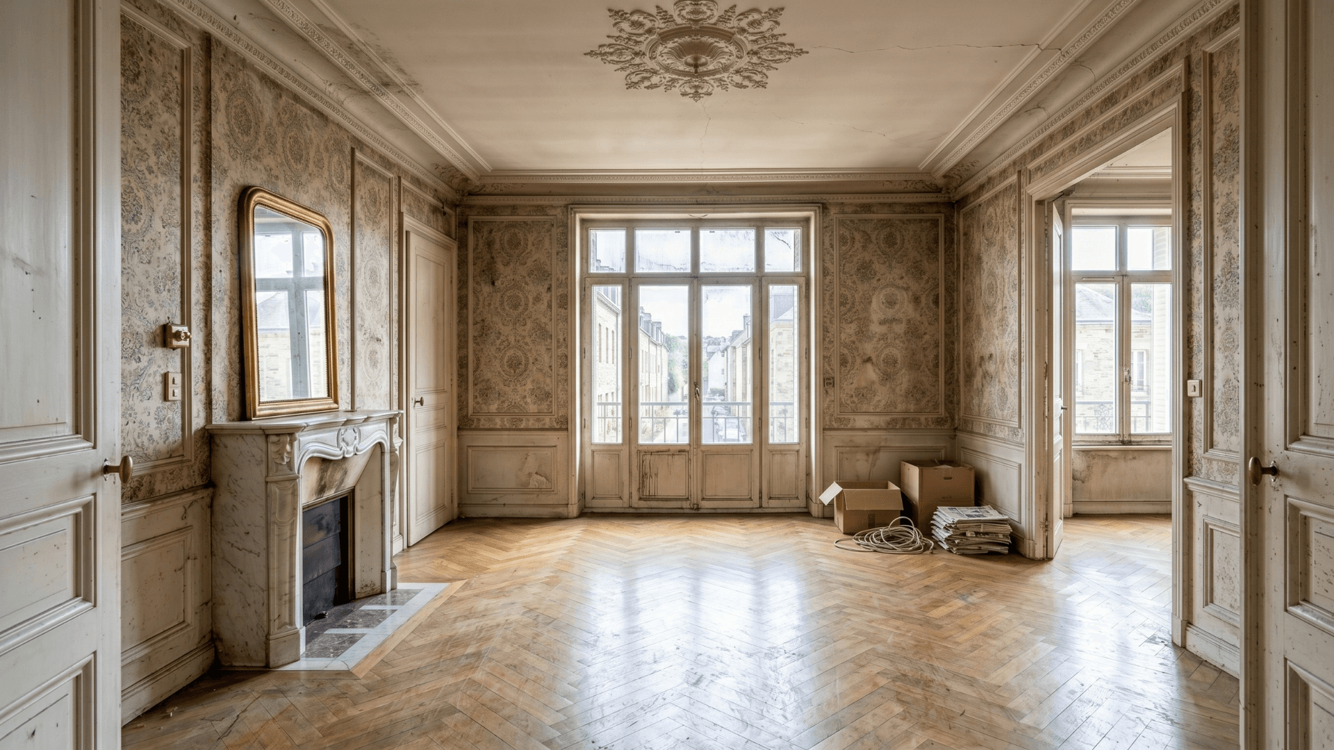 Avant — Salon haussmannien — peinture, parquet remis à neuf