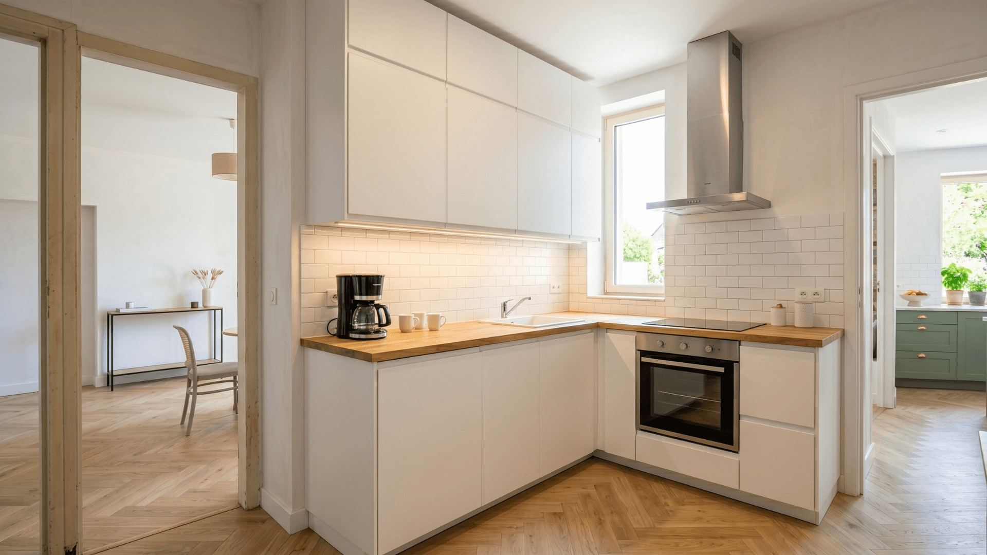 Cuisine moderne — façades laquées blanches, plan bois