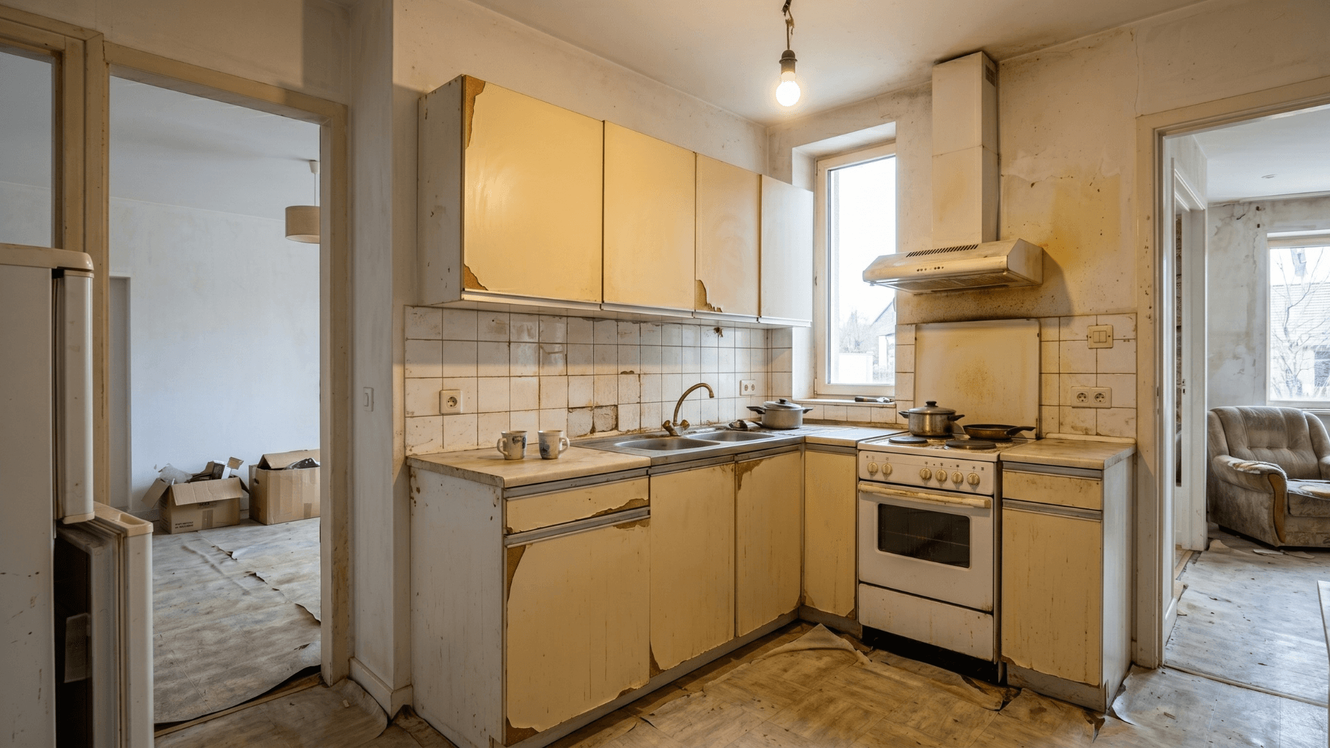 Avant — Cuisine moderne — façades laquées blanches, plan bois