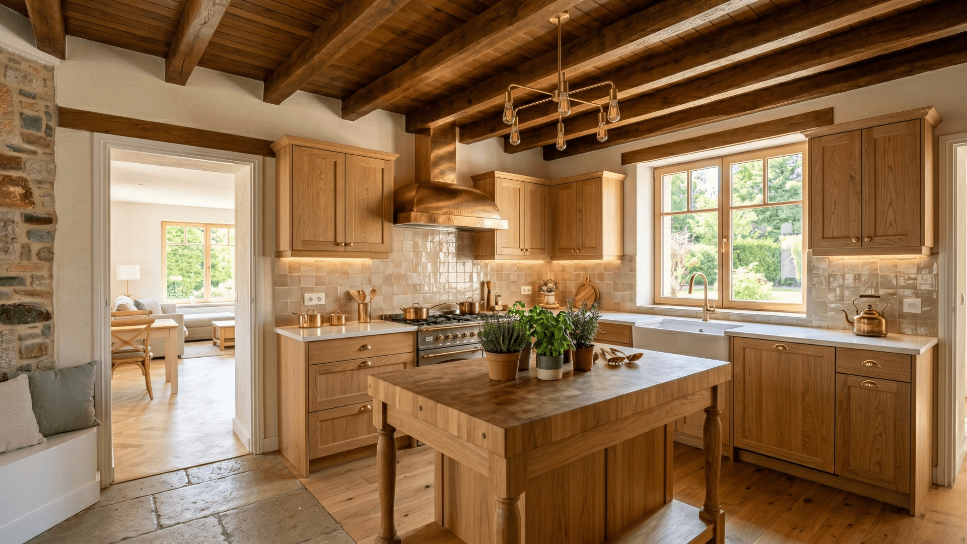 Cuisine sur-mesure — bois clair, poutres apparentes, îlot central