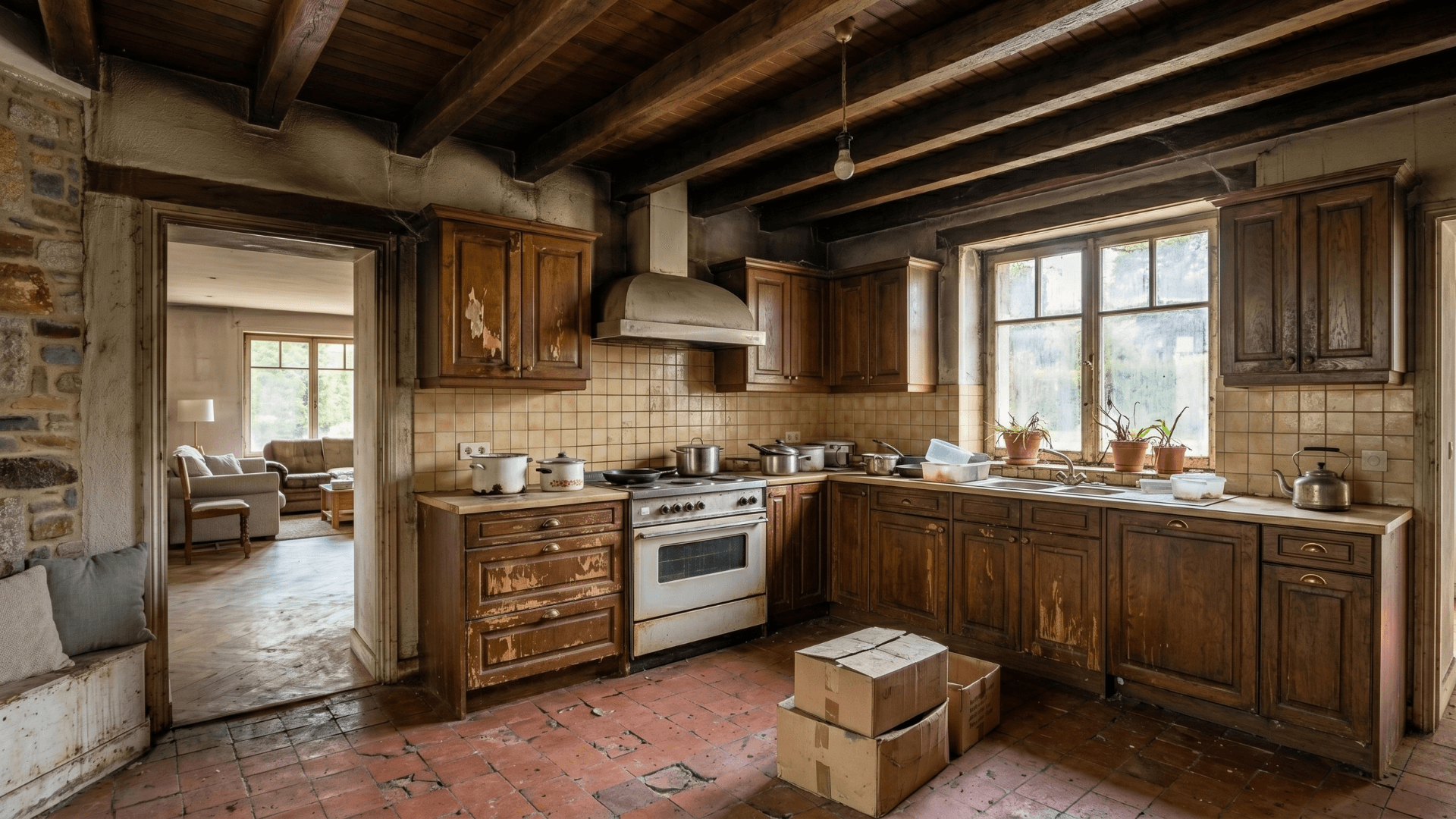 Avant — Cuisine sur-mesure — bois clair, poutres apparentes, îlot central