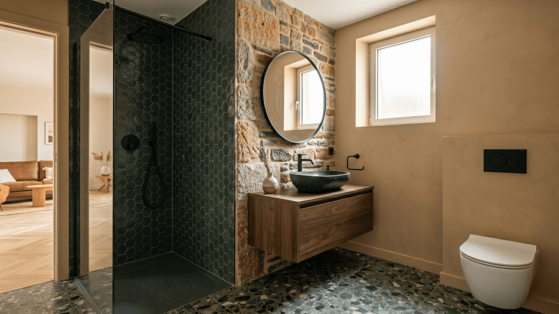 Après — Salle de bain — douche italienne, pierre apparente, vasque noire